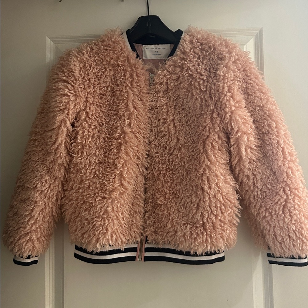 Rockets of Awesome Pink Faux Fur Jacket stripe trim Girls Sz 12